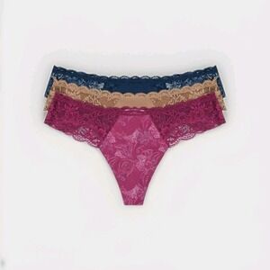 Women's Multi Color Joyspun Microfiber & Lace Thong Panties, 3-Pack, XL (16-18)